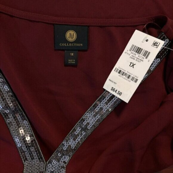 JM Collection Plus Size Burgundy Sequined-Neck 3/4-Sleeve Top NWT - Picture 4 of 6